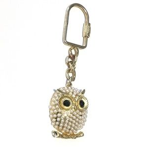Owl Keychain Key Bauble Gold Pearl Black Crystal